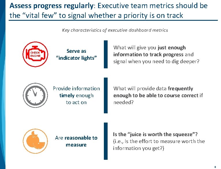 Assess progress regularly: Executive team metrics should be the “vital few” to signal whether