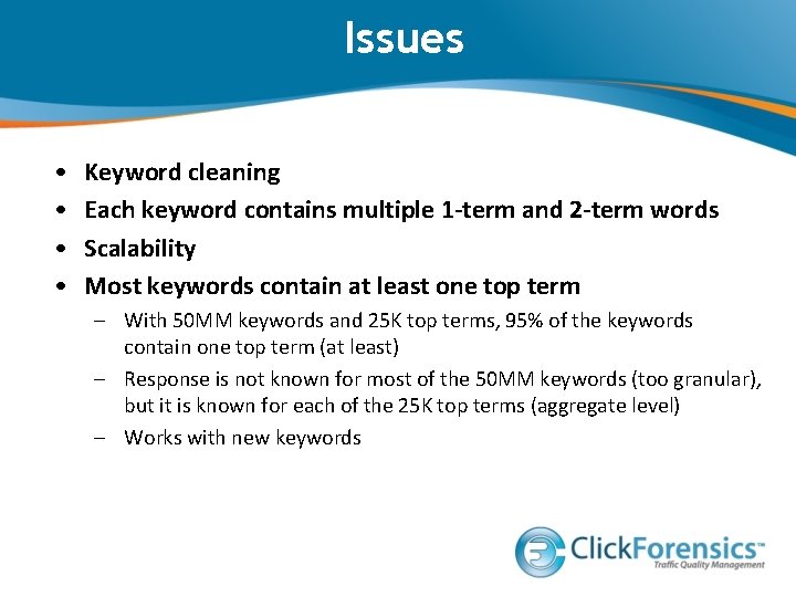Issues • • Keyword cleaning Each keyword contains multiple 1 -term and 2 -term