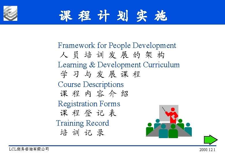 课 程 计 划 实 施 Framework for People Development 人 员 培 训