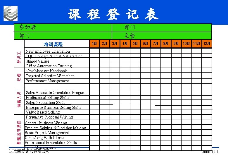 课 程 登 记 表 参加者 部门 部门 主管 经理 新员 培训课程 1月 2月