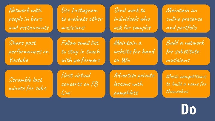 Network with people in bars and restaurants Use Instagram to evaluate other musicians Send