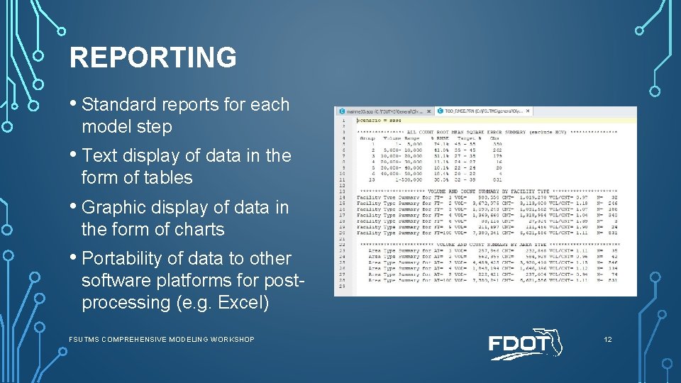 REPORTING • Standard reports for each model step • Text display of data in