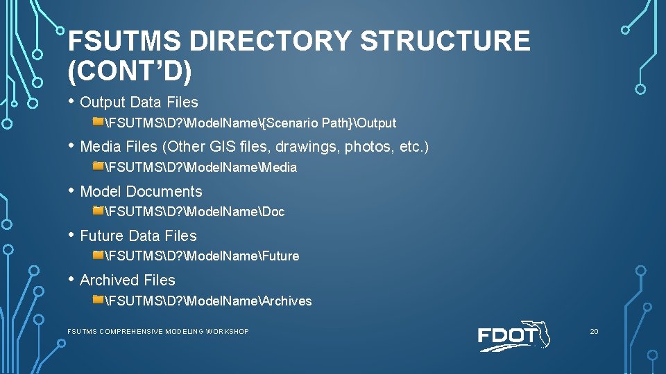 FSUTMS DIRECTORY STRUCTURE (CONT’D) • Output Data Files FSUTMSD? Model. Name{Scenario Path}Output • Media