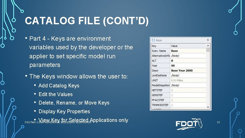 CATALOG FILE (CONT’D) • Part 4 - Keys are environment variables used by the