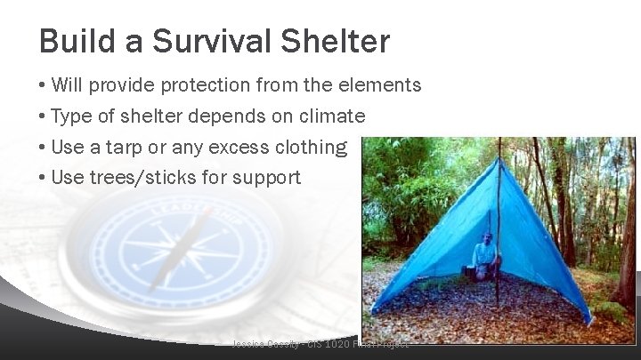 Build a Survival Shelter • Will provide protection from the elements • Type of