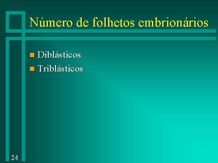 Número de folhetos embrionários Diblásticos n Triblásticos n 24 