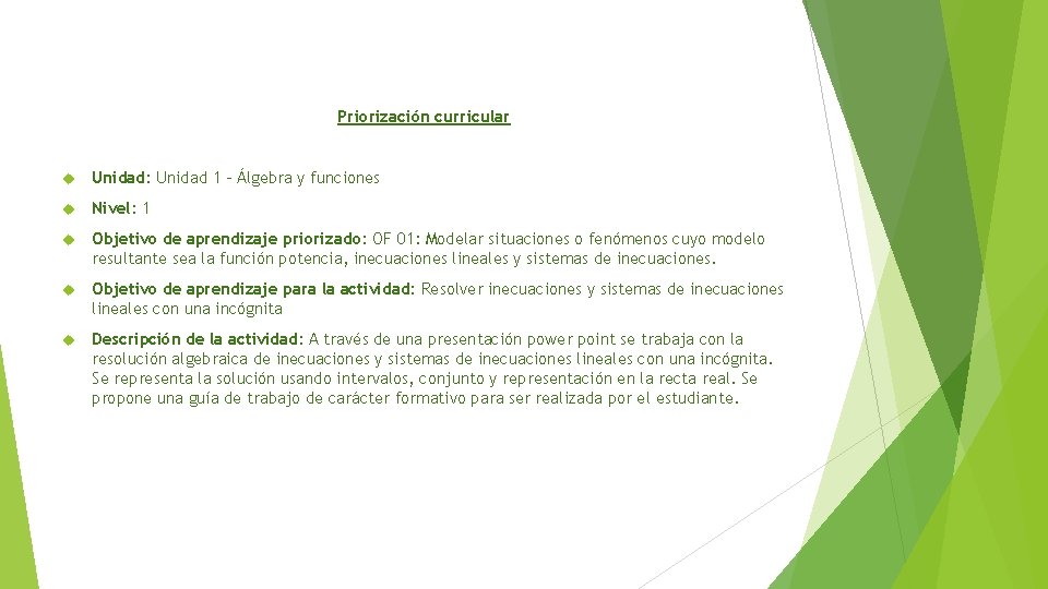 Priorización curricular Unidad: Unidad 1 – Álgebra y funciones Nivel: 1 Objetivo de aprendizaje