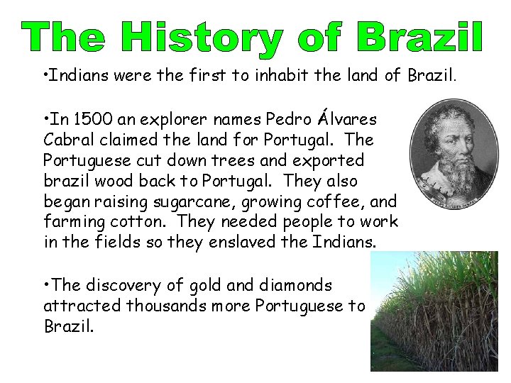  • Indians were the first to inhabit the land of Brazil. • In