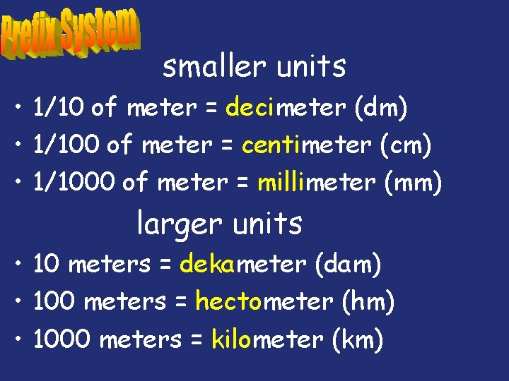 smaller units • 1/10 of meter = decimeter (dm) • 1/100 of meter =