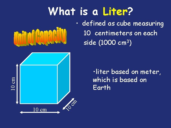 What is a Liter? Liter • defined as cube measuring 10 centimeters on each