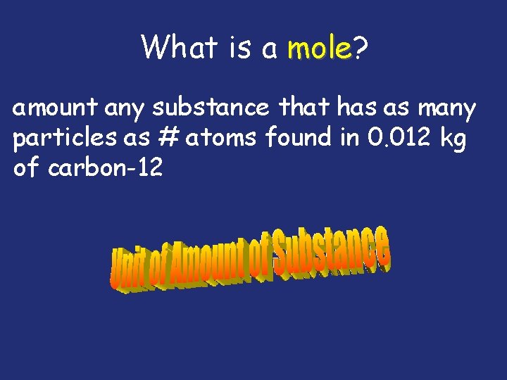 What is a mole? mole amount any substance that has as many particles as