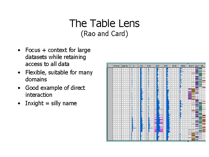 The Table Lens (Rao and Card) • Focus + context for large datasets while