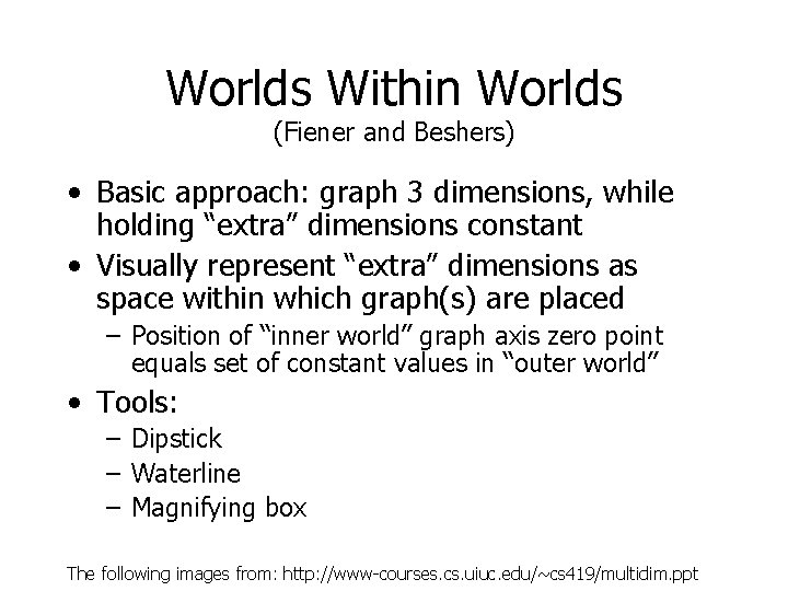 Worlds Within Worlds (Fiener and Beshers) • Basic approach: graph 3 dimensions, while holding