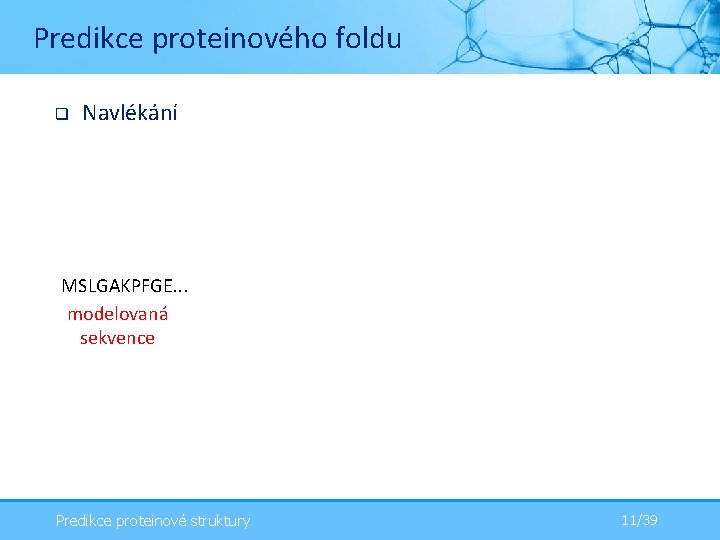 Predikce proteinového foldu q Navlékání MSLGAKPFGE. . . modelovaná sekvence Predikce proteinové struktury 11/39