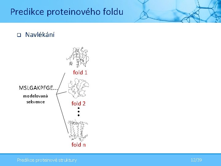 Predikce proteinového foldu q Navlékání fold 1 MSLGAKPFGE. . . modelovaná sekvence fold 2