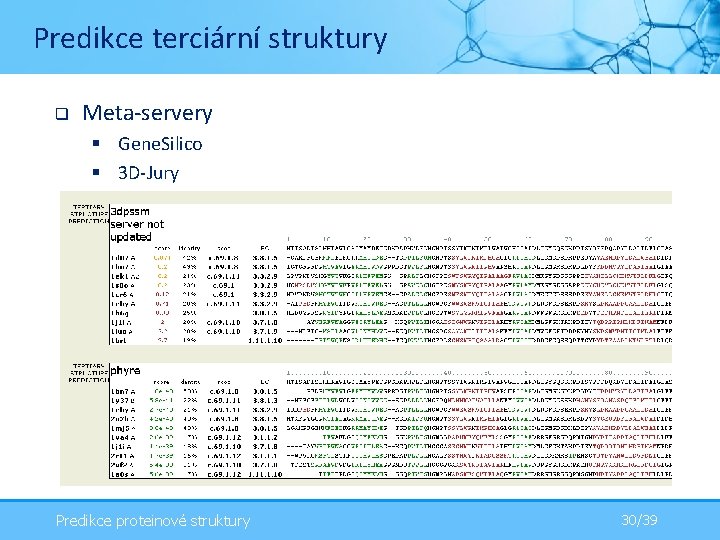 Predikce terciární struktury q Meta-servery § Gene. Silico § 3 D-Jury Predikce proteinové struktury