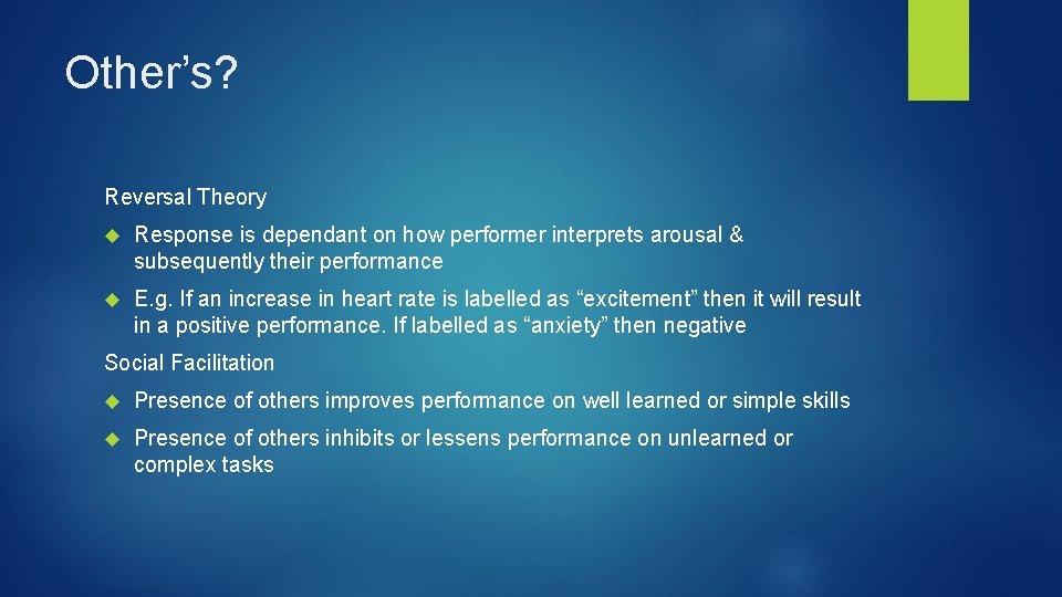 Other’s? Reversal Theory Response is dependant on how performer interprets arousal & subsequently their