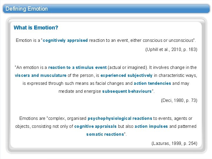 Defining Emotion What is Emotion? Emotion is a “cognitively appraised reaction to an event, Defining Emotion What is Emotion? Emotion is a “cognitively appraised reaction to an event,
