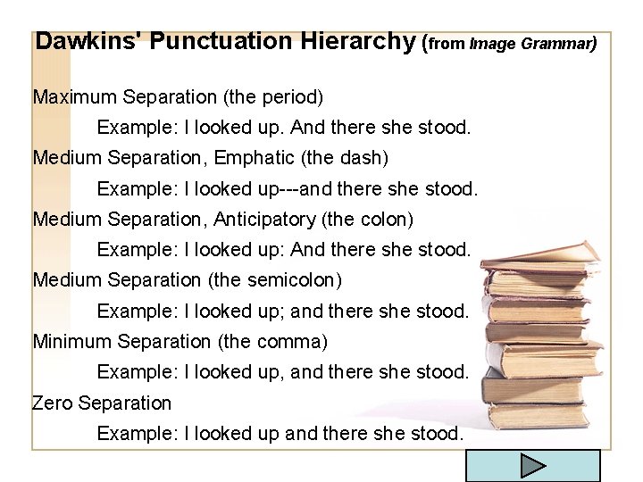 Dawkins' Punctuation Hierarchy (from Image Grammar) Maximum Separation (the period) Example: I looked up.