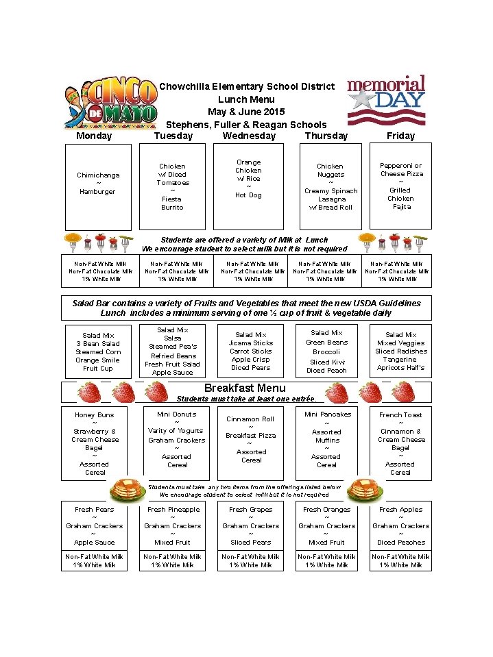 Monday Chimichanga ~ Hamburger Chowchilla Elementary School District Lunch Menu May & June 2015