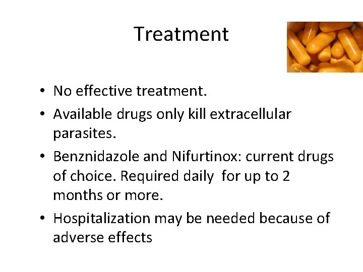 Treatment • No effective treatment. • Available drugs only kill extracellular parasites. • Benznidazole