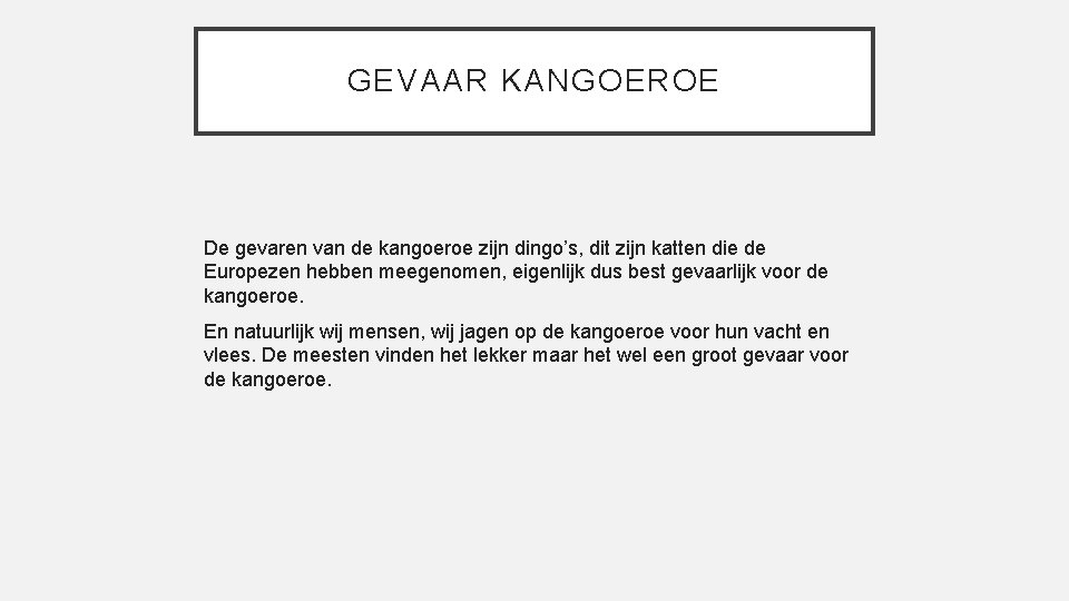 GEVAAR KANGOEROE De gevaren van de kangoeroe zijn dingo’s, dit zijn katten die de