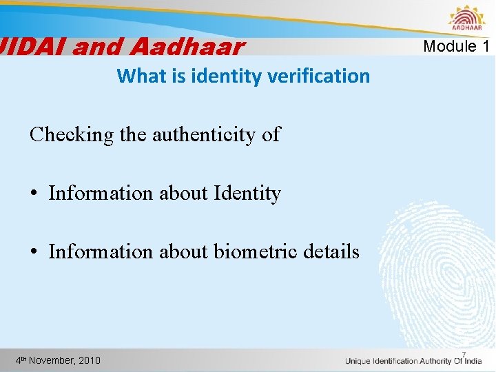 Uidai Verification UIDAI and Aadhaar Module 1 Basic Knowledge of