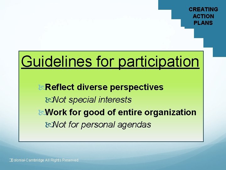 CREATING ACTION PLANS Guidelines for participation Reflect diverse perspectives Not special interests Work for
