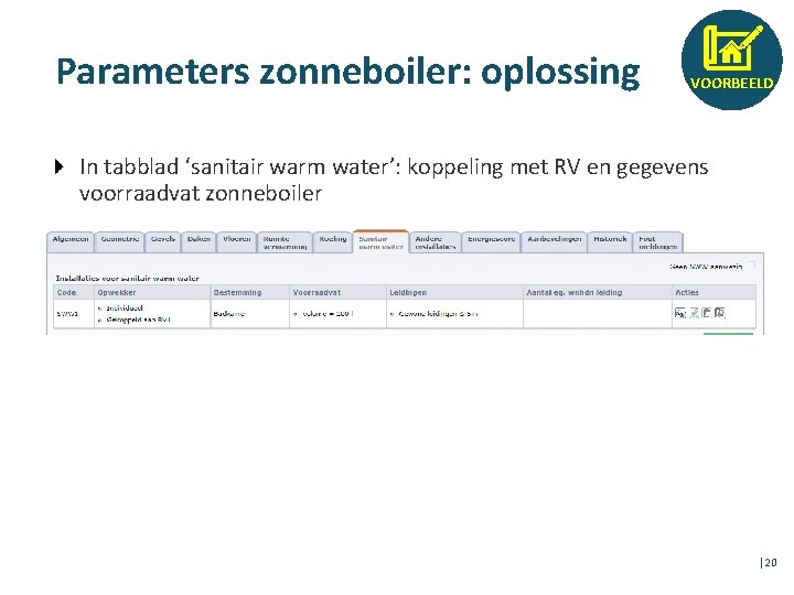 Parameters zonneboiler: oplossing VOORBEELD In tabblad ‘sanitair warm water’: koppeling met RV en gegevens