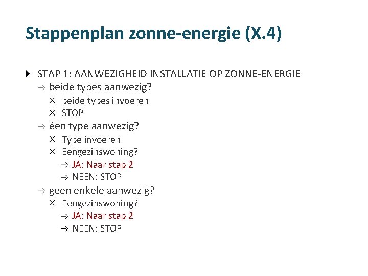 Stappenplan zonne-energie (X. 4) STAP 1: AANWEZIGHEID INSTALLATIE OP ZONNE-ENERGIE beide types aanwezig? beide