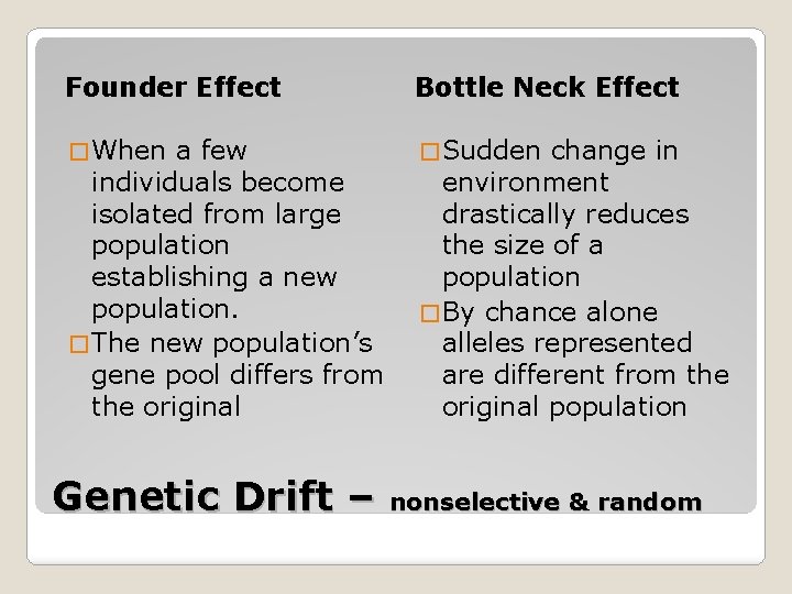 Founder Effect Bottle Neck Effect � When � Sudden a few individuals become isolated Founder Effect Bottle Neck Effect � When � Sudden a few individuals become isolated