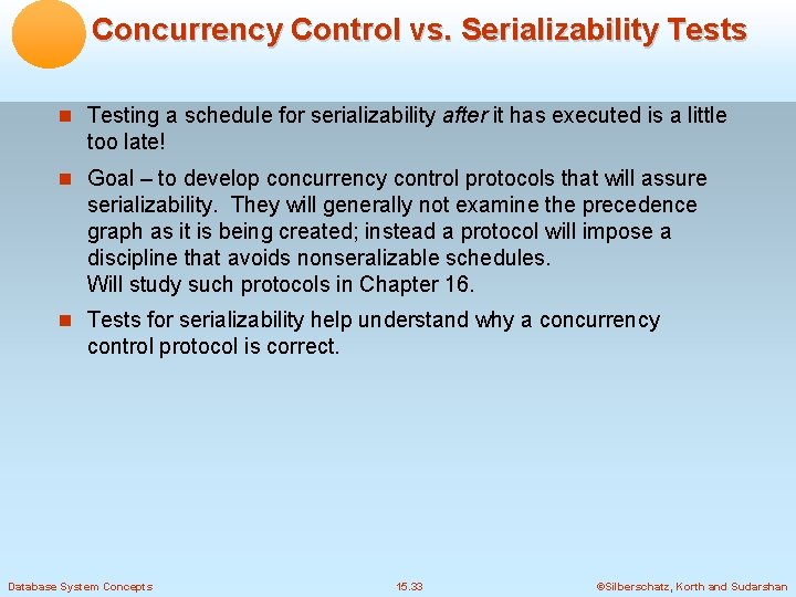 Concurrency Control vs. Serializability Tests Testing a schedule for serializability after it has executed