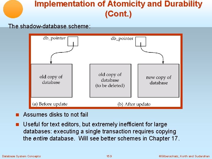 Implementation of Atomicity and Durability (Cont. ) The shadow-database scheme: Assumes disks to not