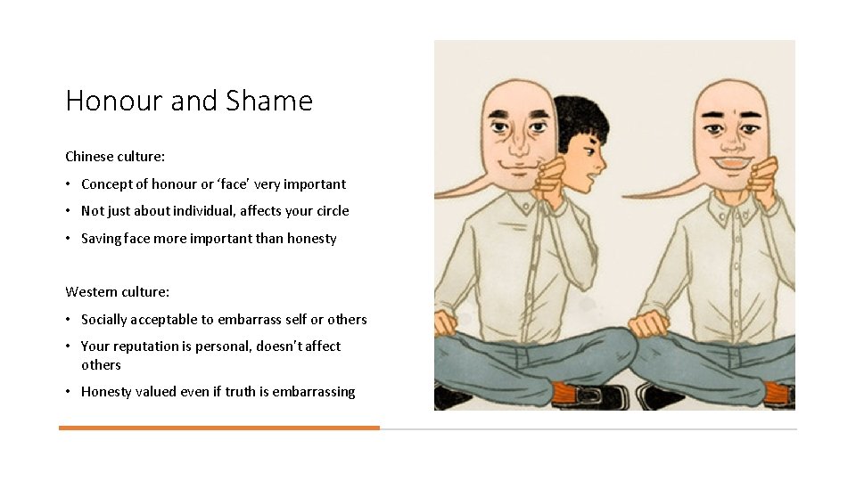 Honour and Shame Chinese culture: • Concept of honour or ‘face’ very important •