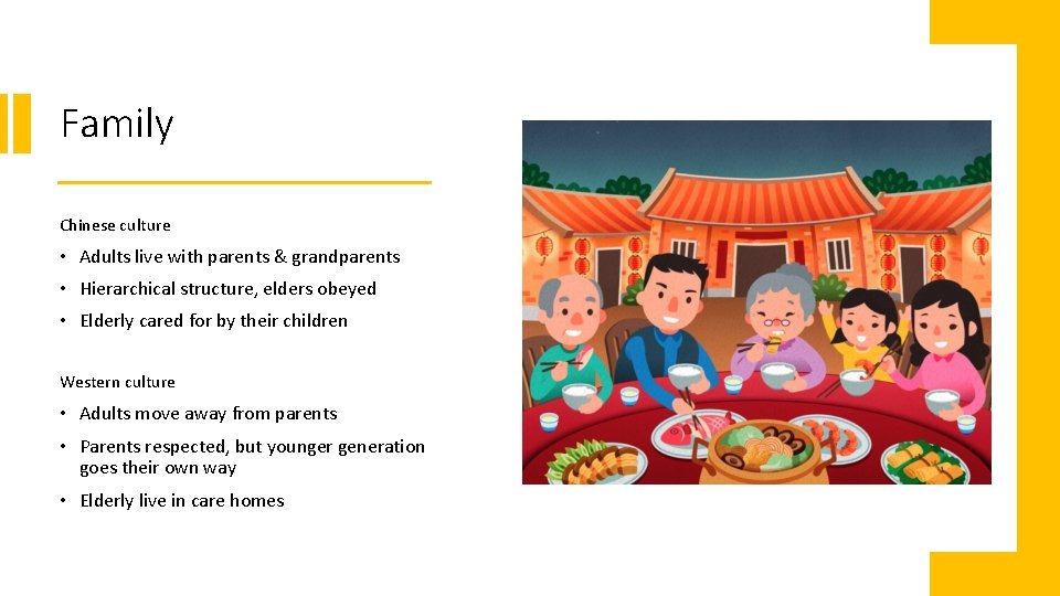 Family Chinese culture • Adults live with parents & grandparents • Hierarchical structure, elders