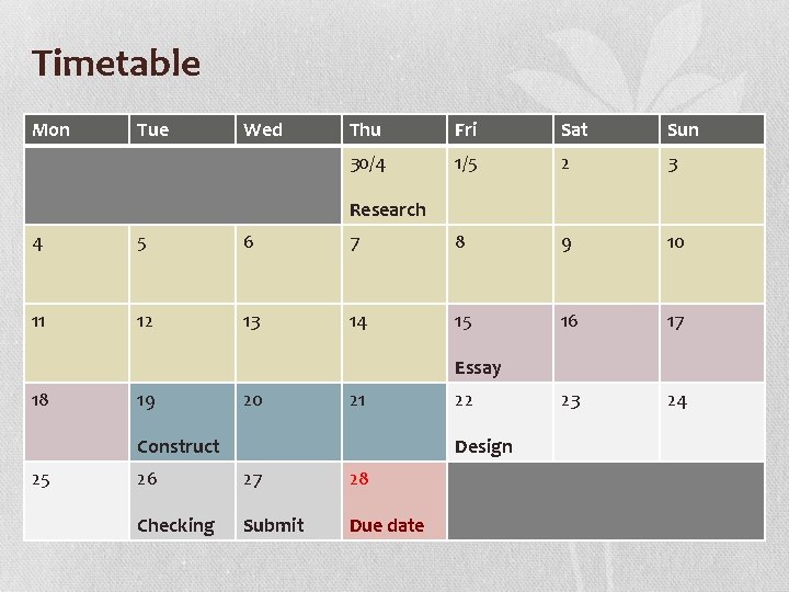 Timetable Mon Tue Wed Thu Fri Sat Sun 30/4 1/5 2 3 Research 4