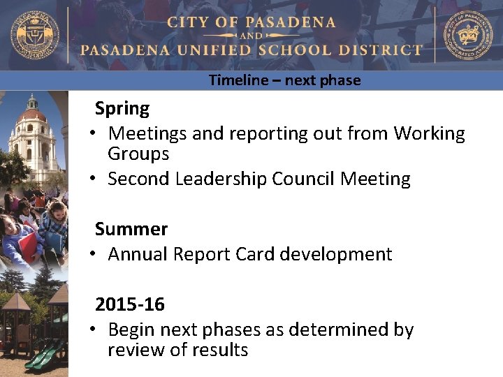 Timeline – next phase Spring • Meetings and reporting out from Working Groups •