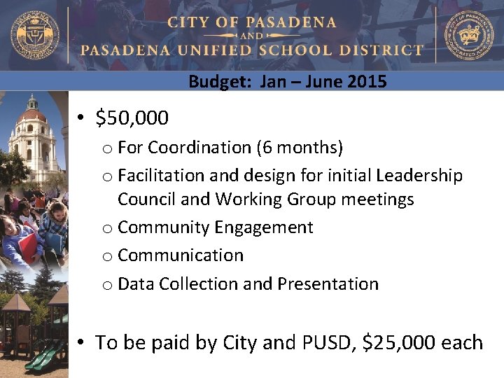 Budget: Jan – June 2015 • $50, 000 o For Coordination (6 months) o
