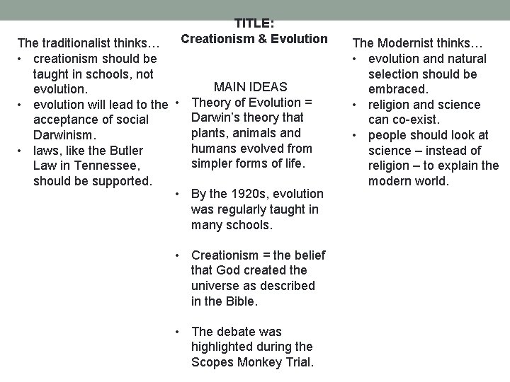 TITLE: Creationism & Evolution The traditionalist thinks… • creationism should be taught in schools,