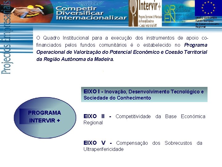 UNIÃO EUROPEIA Fundo Europeu de Desenvolvimento Regional O Quadro Institucional para a execução dos