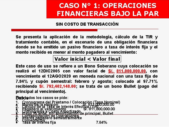 CASO N° 1: OPERACIONES FINANCIERAS BAJO LA PAR SIN COSTO DE TRANSACCIÓN Se presenta