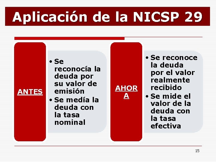 Aplicación de la NICSP 29 • Se reconocía la deuda por su valor de