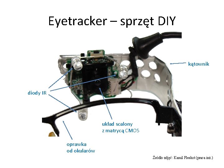 Eyetracker – sprzęt DIY kątownik diody IR układ scalony z matrycą CMOS oprawka od