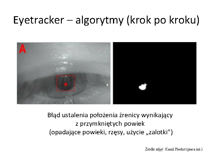 Eyetracker – algorytmy (krok po kroku) Błąd ustalenia położenia źrenicy wynikający z przymkniętych powiek