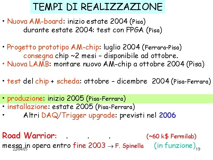 TEMPI DI REALIZZAZIONE • Nuova AM-board: inizio estate 2004 (Pisa) durante estate 2004: test