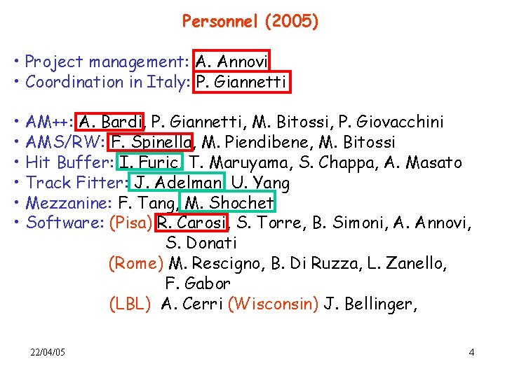 Personnel (2005) • Project management: A. Annovi • Coordination in Italy: P. Giannetti •