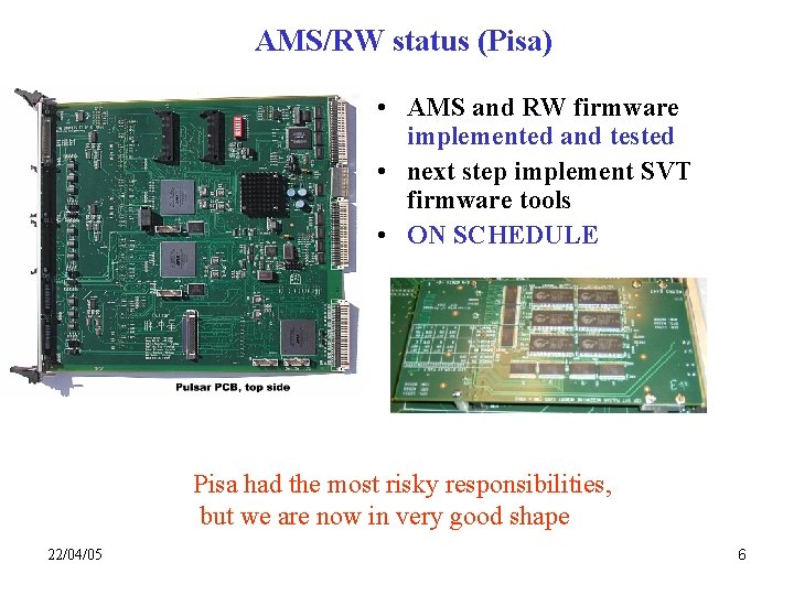 AMS/RW status (Pisa) • AMS and RW firmware implemented and tested • next step