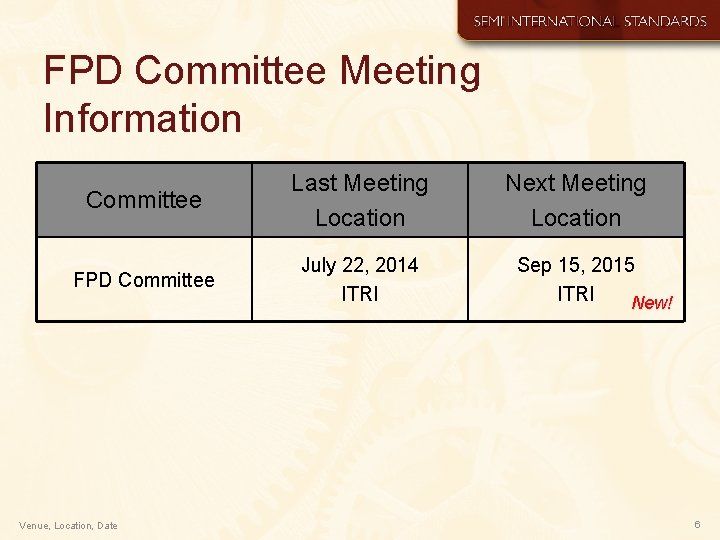 FPD Committee Meeting Information Committee Last Meeting Location FPD Committee July 22, 2014 ITRI