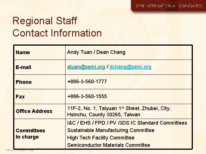 Regional Staff Contact Information Name Andy Tuan / Dean Chang E-mail atuan@semi. org /