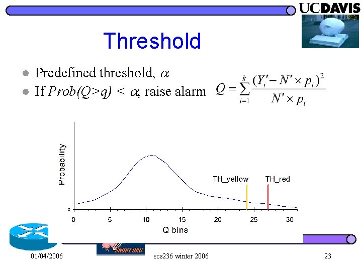 Threshold l l Predefined threshold, If Prob(Q>q) < , raise alarm 01/04/2006 ecs 236